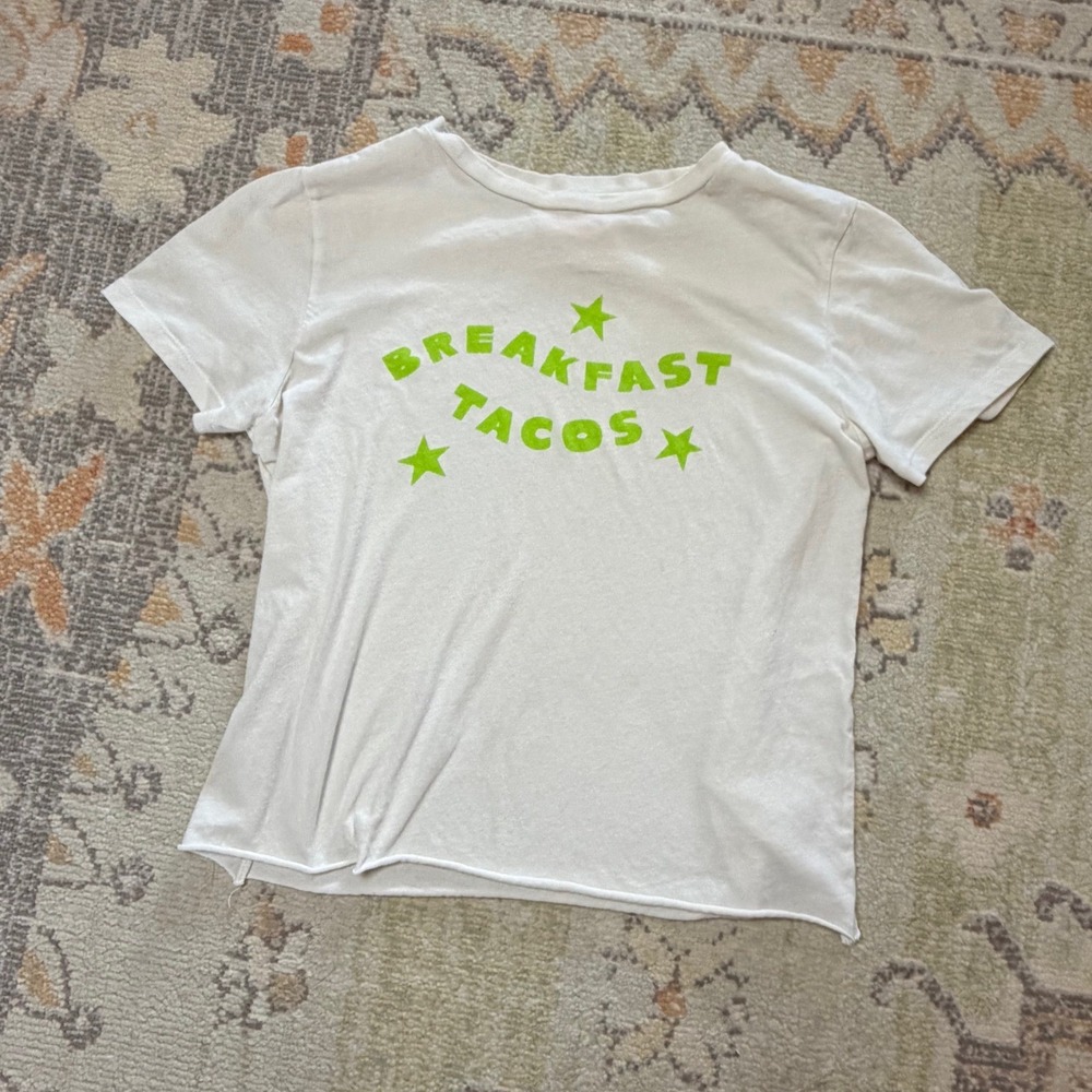 Ban.do Women White Breakfast Tacos Graphic T-Shirt XS Lime Green Stars NWT